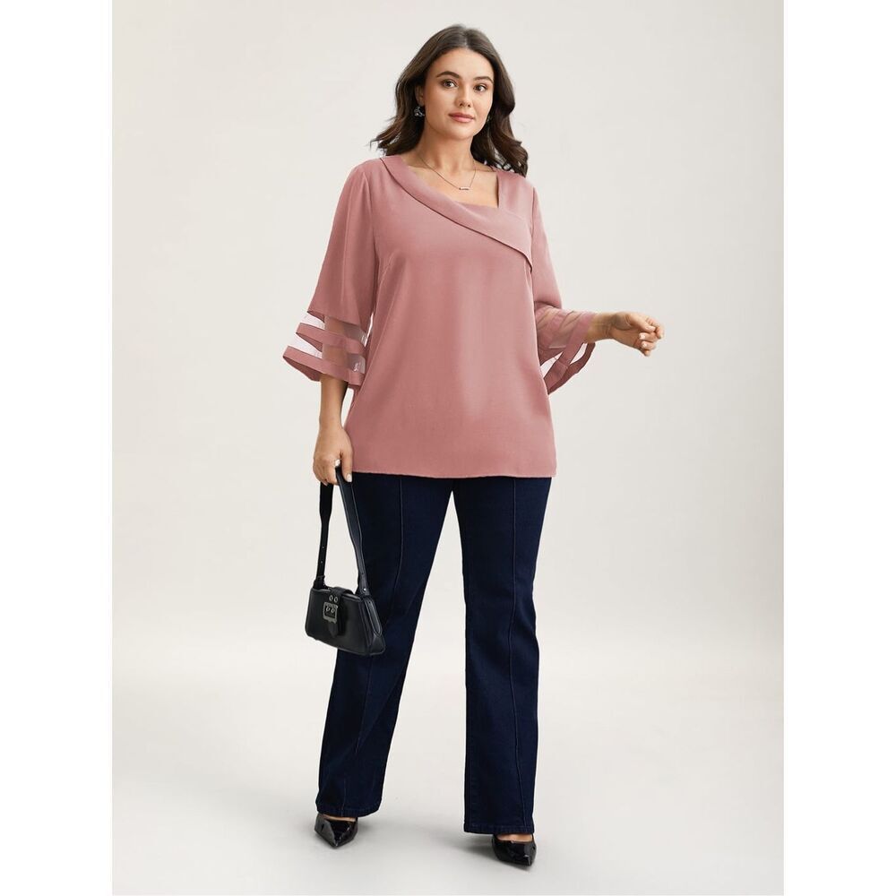 NWT Bloomchick size 28  Sheer Sleeve Patchwork Asymmetrical neckline top.
